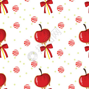 黄蜂吮吸糖的苹果配有苹果 糖果球和丝带的无缝模板设计图片
