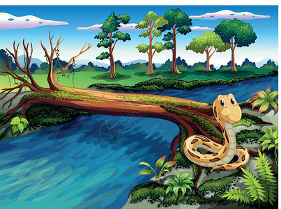 蛇根花一条蛇在河岸边插画