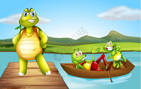 龟形目桥上的海龟和船上的两只花青蛙插画