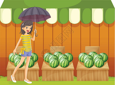 靠着西瓜的女孩一个女孩拿着雨伞 在西瓜前走来走去设计图片