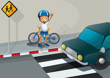 一个骑自行车的男孩站在行人道附近背景图片