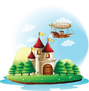 蓝色飞艇横幅两个孩子骑在城堡上空的飞机上插画