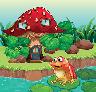 长荡湖河边有一只青蛙的大蘑菇屋插画