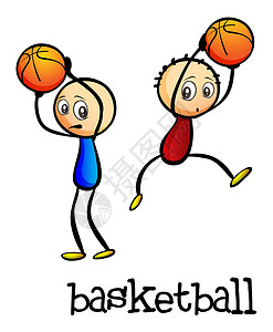 打篮球的两个人打篮球的两个男孩孩子们篮球戒指竞赛团队橙子球形绘画运动员练习插画