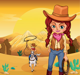 女孩和马沙漠的牛仔和女牛仔女性天空绳索土地丘陵植物女士岩石动物太阳插画