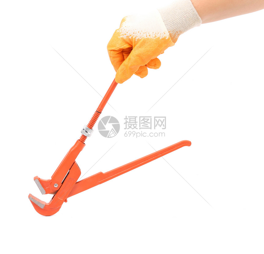 黄色手套的扳手维修力量紧缩剪裁橙子金属扣子劳动橡皮工人图片