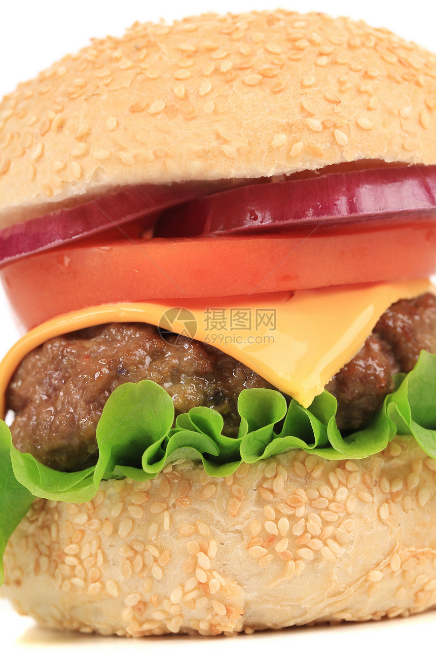 美味的芝士汉堡快餐蔬菜种子午餐包子芝士洋葱牛肉宏观汉堡美食图片