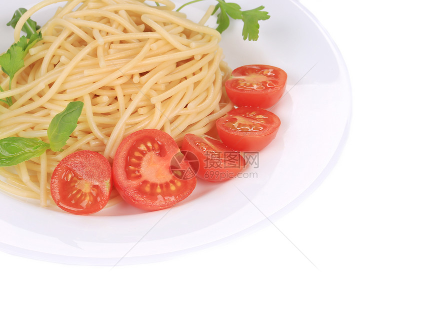 意大利面条加西红柿和烤肉午餐营养白色食物菜单美食盘子厨房烹饪食谱图片