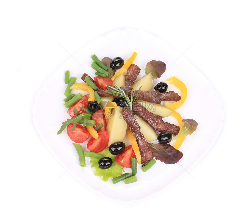 沙拉加牛肉片和土豆牛肉鱼片敷料饮食腰部盘子油炸蔬菜洋葱用餐图片