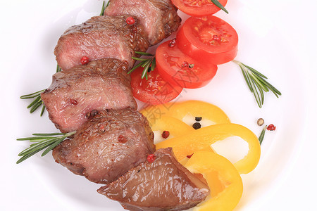 牛排加西红柿和迷迭香食物盘子水平白色炙烤牛肉牛扒用餐蔬菜腰部背景图片