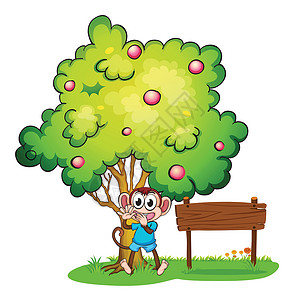 猴子摇树素材树下猴子旁边一个空的招牌板设计图片