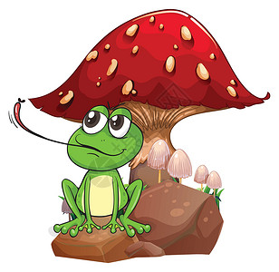 吃苍蝇青蛙一只青蛙在巨蘑菇附近抓苍蝇插画