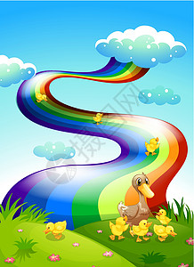 一只鸭在游一只鸭和她的鸭子 在山顶的山顶上 上面有彩虹设计图片