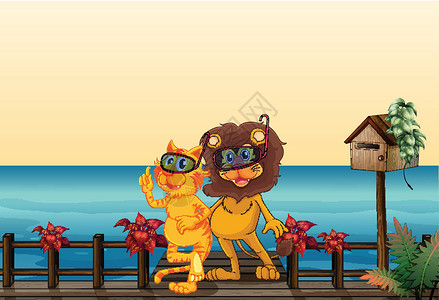 码头和猫一头狮子和一只老虎在桥上插画