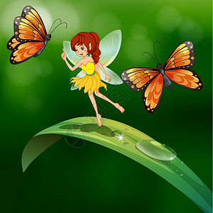 网中蝴蝶仙女与蝴蝶同在叶子里设计图片