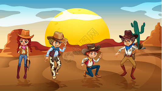 戴围巾男孩牛仔和在沙漠的女牛仔设计图片