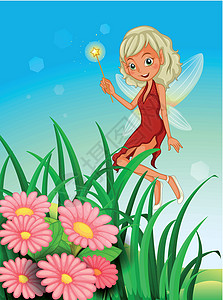 魔法女孩一个仙女在花园附近拿着魔杖 带着花朵设计图片