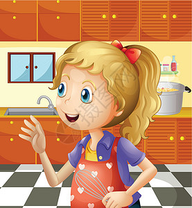 厨房角落厨房有个年轻女孩拿着搅拌机插画