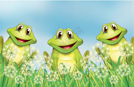 矮小花园里有三只青蛙插画