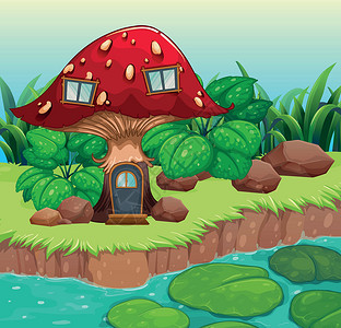 河长制素材红木蘑菇屋插画