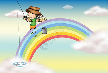 天使鱼天使在彩虹上钓鱼插画
