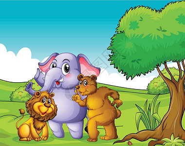丛林大象大象 狮子 和树附近的熊设计图片