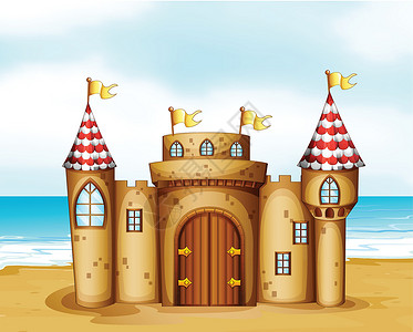 海滩上的城堡国王横幅锥体卡通片海洋沙堡小旗太阳支撑高度背景图片