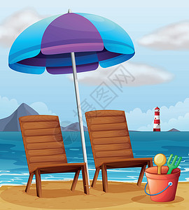 伞放桶里带伞和椅子的海滩卡通片蓝色绘画支撑剪贴玩具热带海岸线天空长椅插画