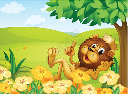 花园道一头狮子 在山上一棵树附近戴着皇冠插画
