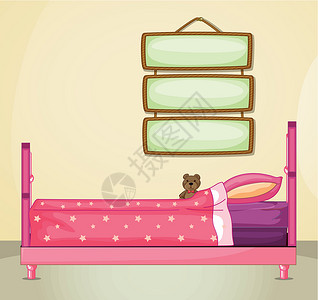 木板卧室在有粉红色床的房间里挂上告示牌插画