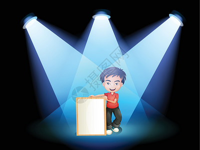 站在舞台上一个在舞台上装上标志的男孩设计图片