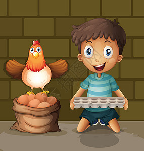 产蛋量一只鸡在小男孩旁边产鸡蛋 用蛋盘插画