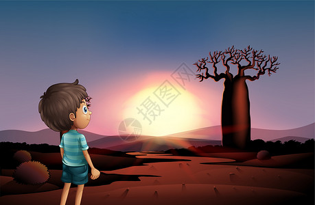 看大雁小男孩一个在沙漠里看日落的男孩设计图片