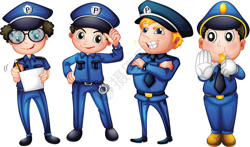 监视者们四个警察警官男人服务执法者团体绘画头盔扣留蓝色巡逻员插画