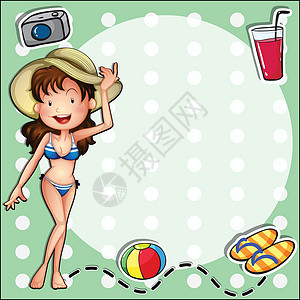 喝果汁女孩一个戴着帽子的比基尼女孩套装指示牌海滩卡片游泳拖鞋果汁卡通片相机女士设计图片