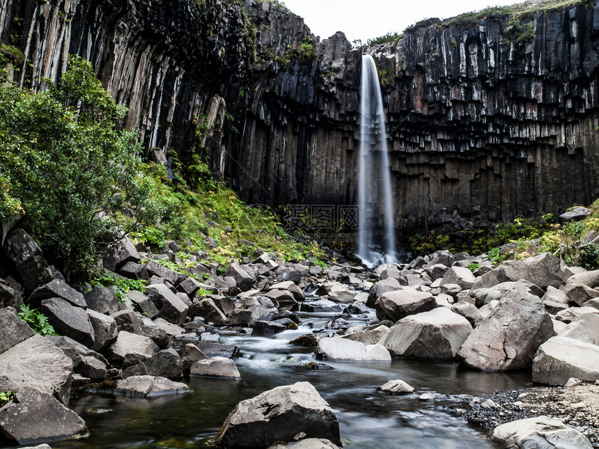 Svartifoss 螺旋体植被石头荒野公园国家瀑布岩石旅游火山旅行图片