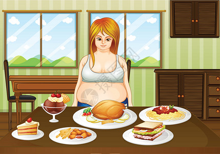 掘金一个胖女人站在桌对面 带食物的肥女人设计图片