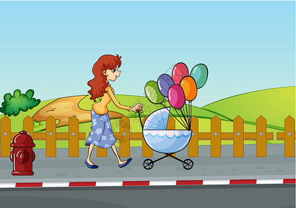气球路引女人和婴儿小虫消防栓绘画蓝色天空越野车气球绿色植物卡通片女士女孩设计图片
