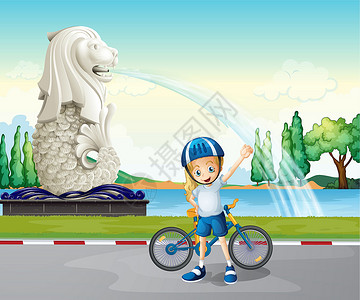 骑狮子梅里昂雕像附近一个年轻的骑自行车的年轻人插画