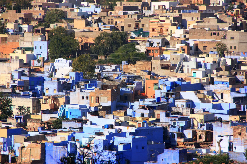 从印度Mehrangarh堡观察到的Jodhpur市旅行城市废墟爬坡堡垒房子文化建筑学蓝色砂岩图片