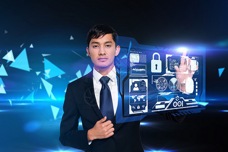 商务人员接触安全界面的安保接口计算机未来派人士数字绘图技术男性互动科技蓝色背景图片