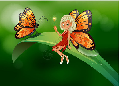 观察昆虫的女孩仙女和蝴蝶 在长叶的顶端设计图片