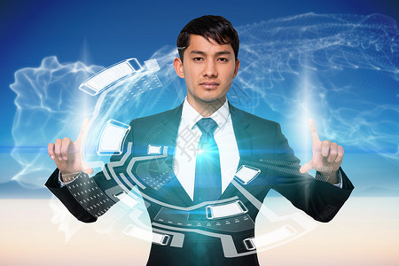 认真的商务人士触摸界面领带未来派互动绘图专注男人男性混血电脑技术背景图片