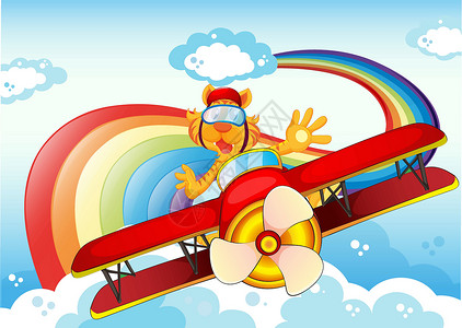 坐在飞机上一只老虎在彩虹附近的飞机上设计图片