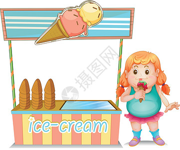 一个在冰淇淋柜边吃冰淇淋的胖女孩插画