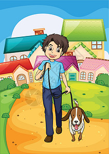 漫步狗一个快乐的小男孩 带着他的宠物走着设计图片