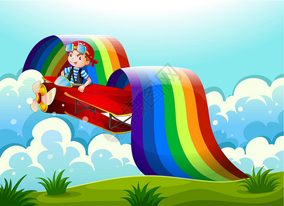一架带一个小男孩的飞机和天上的彩虹高清图片