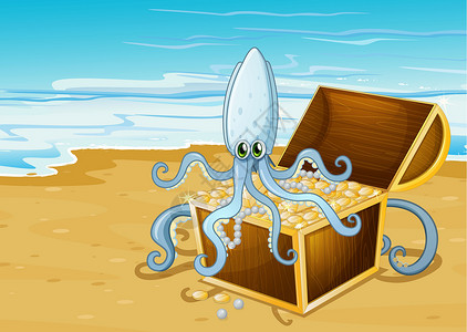 黄金海滩海滩和藏宝箱 还有章鱼插画