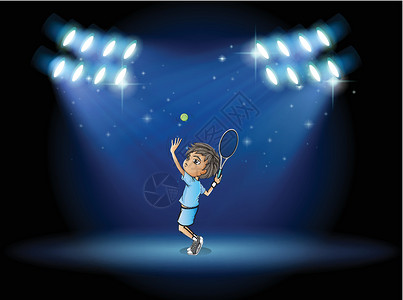 光谷网球中心一个在舞台中间打网球的男孩插画