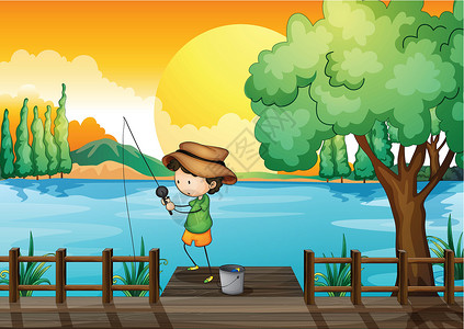鱼桶一个人钓鱼绳索太阳资源礼物环境闲暇丘陵栅栏木头男人插画